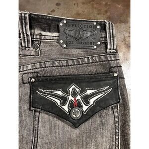 Affliction Cooper Relaxed Boot Cut Jeans Mens Sz 36x32 Gray Moto Flaps MMA Rock